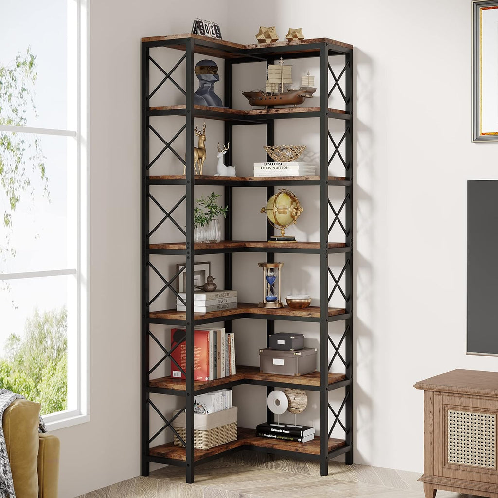Tribesigns 7-Tier Corner Bookcase, Industrial Large Corner Bookshelf, 7-Shelf Tall Shelf Storage Display Rack with Metal Frame for Living Room Home Office, Rustic Brown