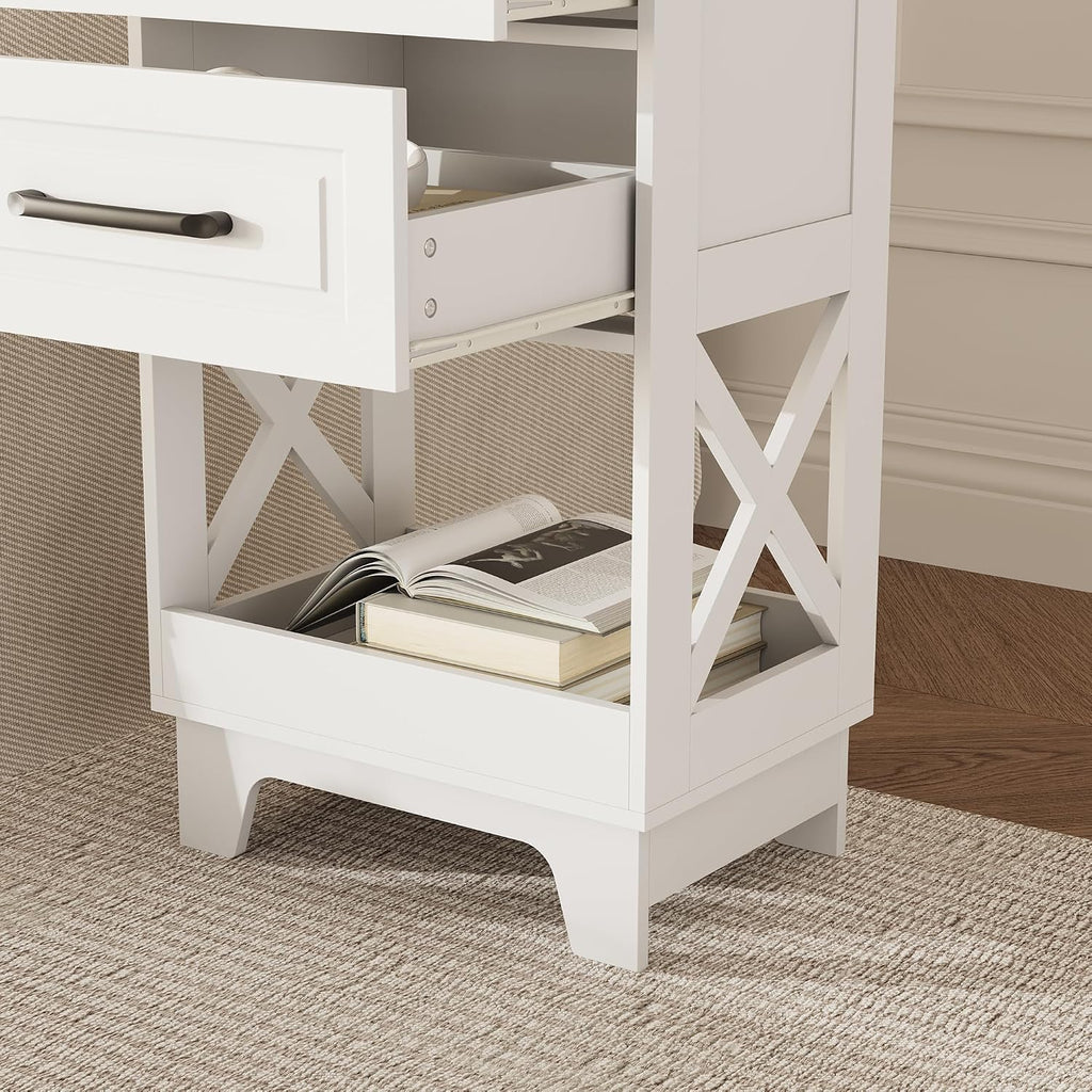 Tall Nightstand Set of 2 Side Table Modern Night Stand with 2 Drawers Wooden Rustic End Table Bedside Table with Upper Open Shelf Solid Feet for Bedroom White+Walnut