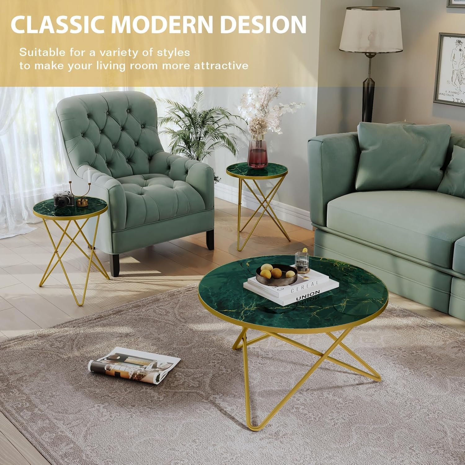 HLR Modern Round Coffee Table and Side Table Set of 3,End Table with Faux Marble Top and Gold Metal Frame, Side Table for Living Room, Bedroom, Sofa and Couch, Gold Legs, Green Marble Top