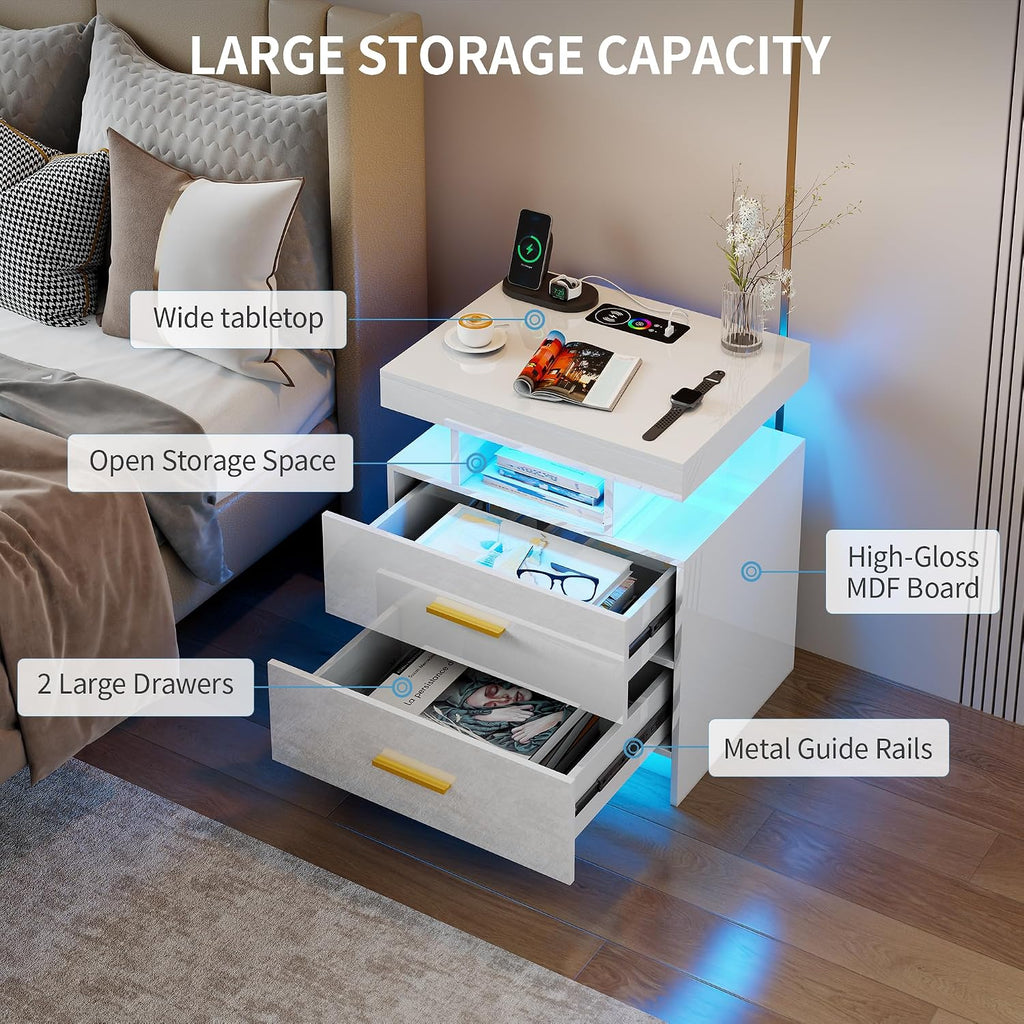 Smart Night Stand with Charging Station, Modern White Nightstand with 24 Color Lights and 2 Drawers, LED Bedside Tables with Auto Senor,High Gloss End Table for Bedroom