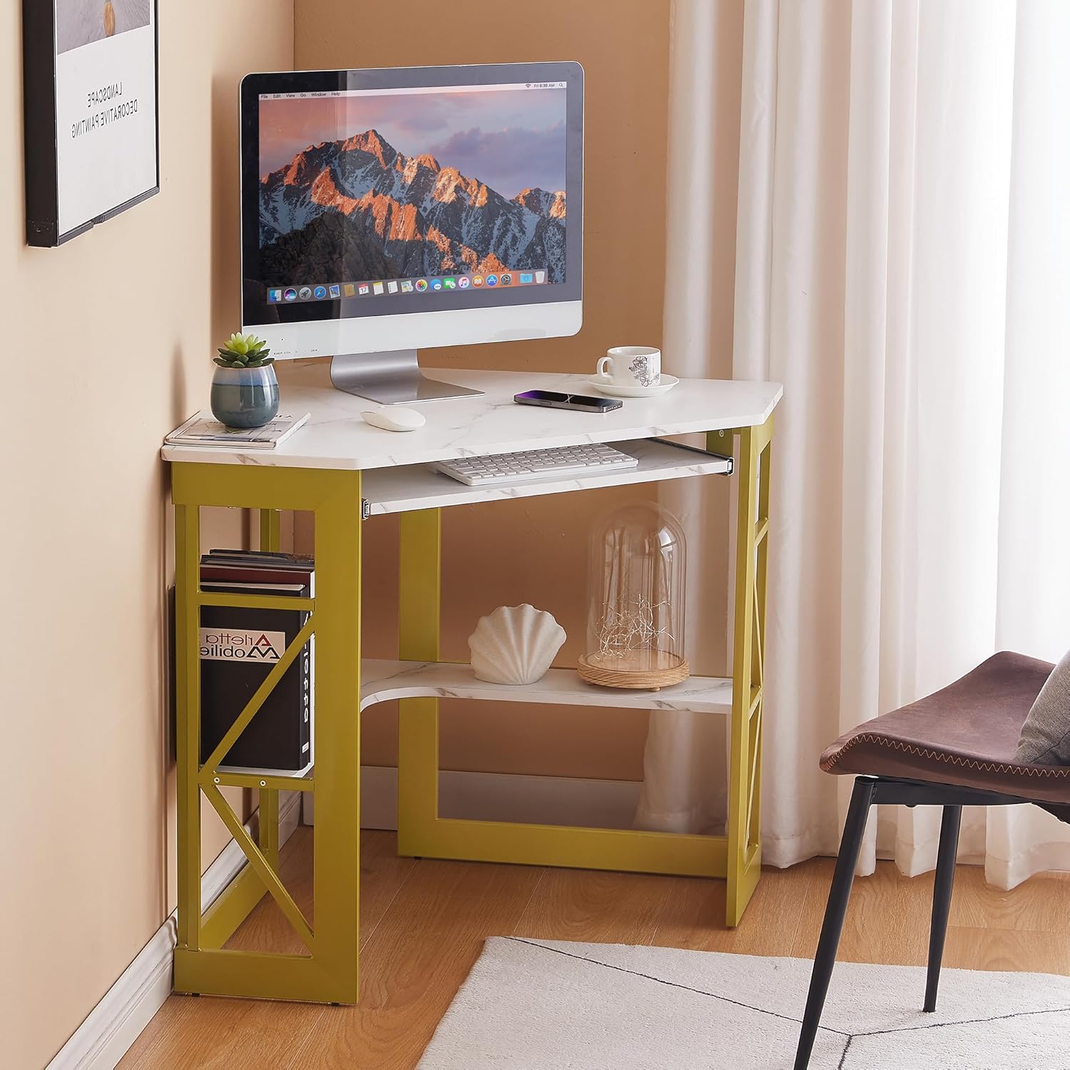 VECELO Corner Desk Computer Desk Writing Table with Smooth Keyboard Tray & Storage Shelves,Compact Home Office Triangle Table,Gold & White