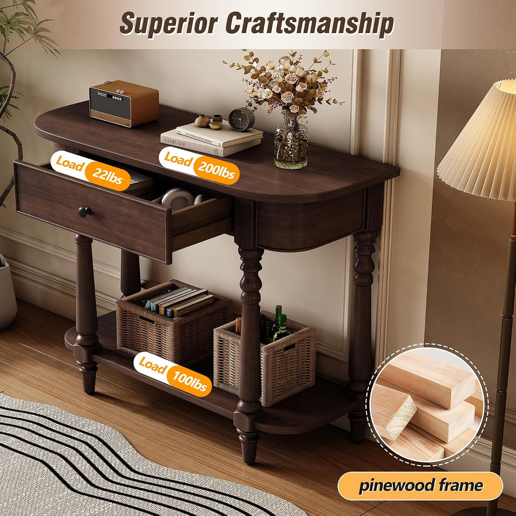 LUMISOL Solid Wood Entryway Table with Drawer and Open Shelf, for Living Room, Espresso