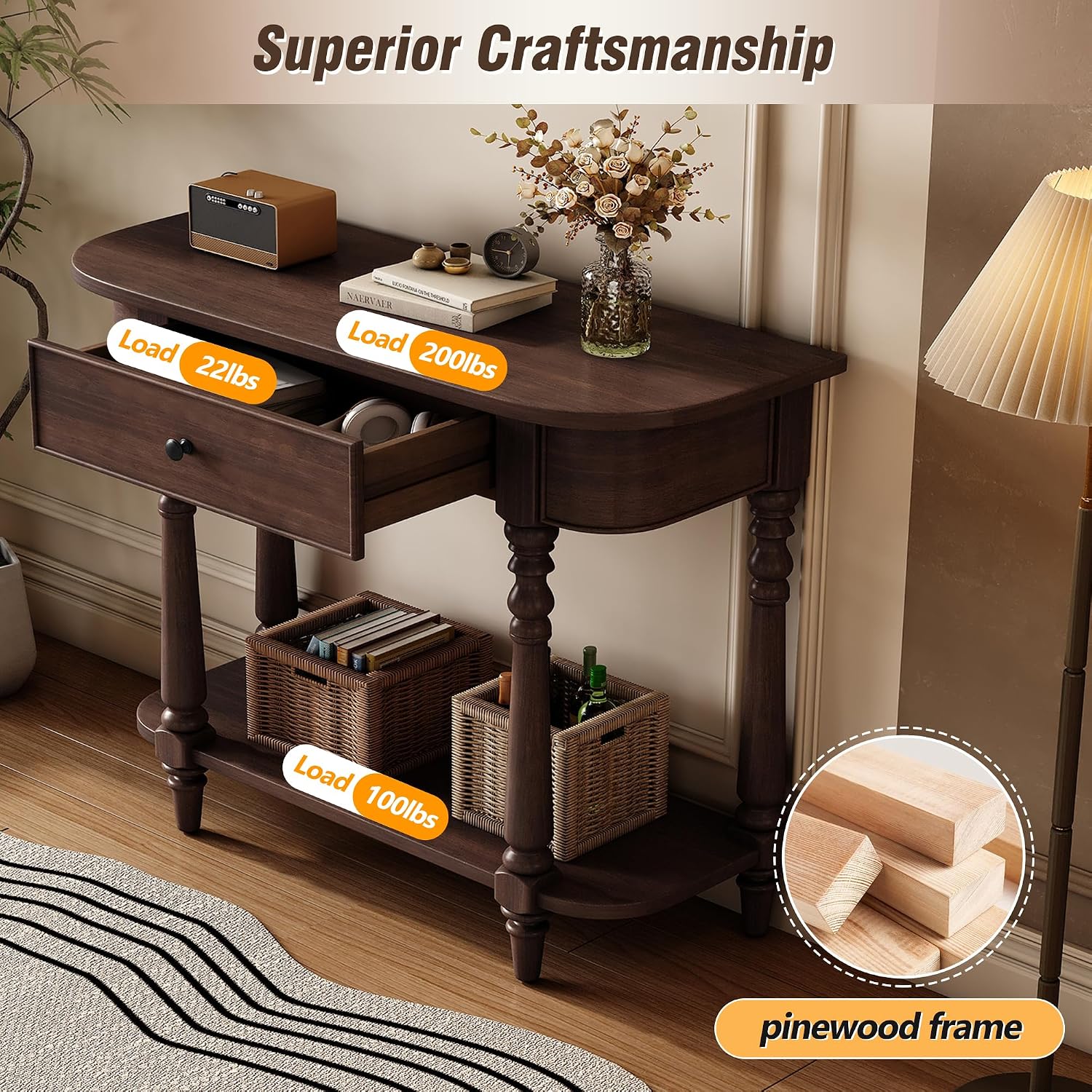 LUMISOL Solid Wood Entryway Table with Drawer and Open Shelf, for Living Room, Espresso