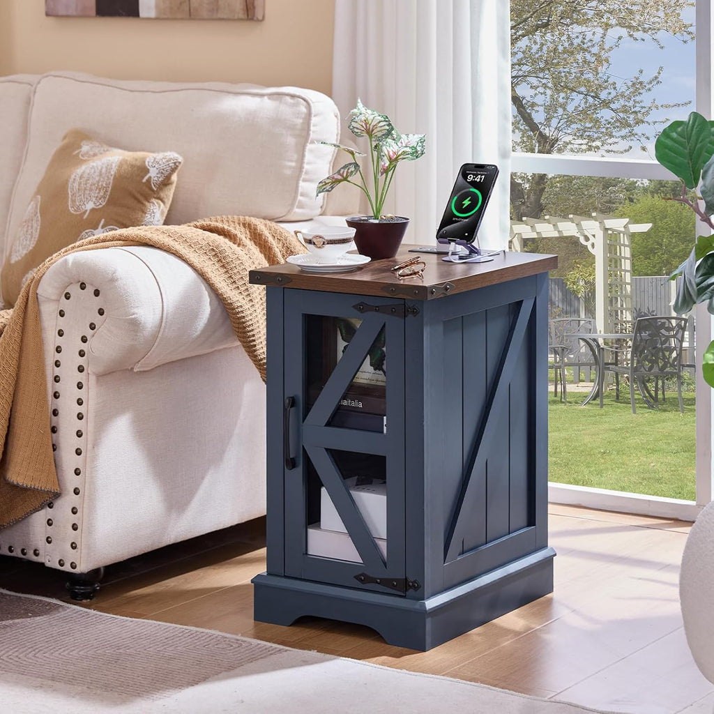 Joaxswe Narrow Night Stand Set 2 with Charger Station, Farmhouse Side End Table with Glass Barn Door Storage, Bedside Tables,Navy Blue Nightstand Cabinet Organizer for Small Spaces Living Room Bedroom