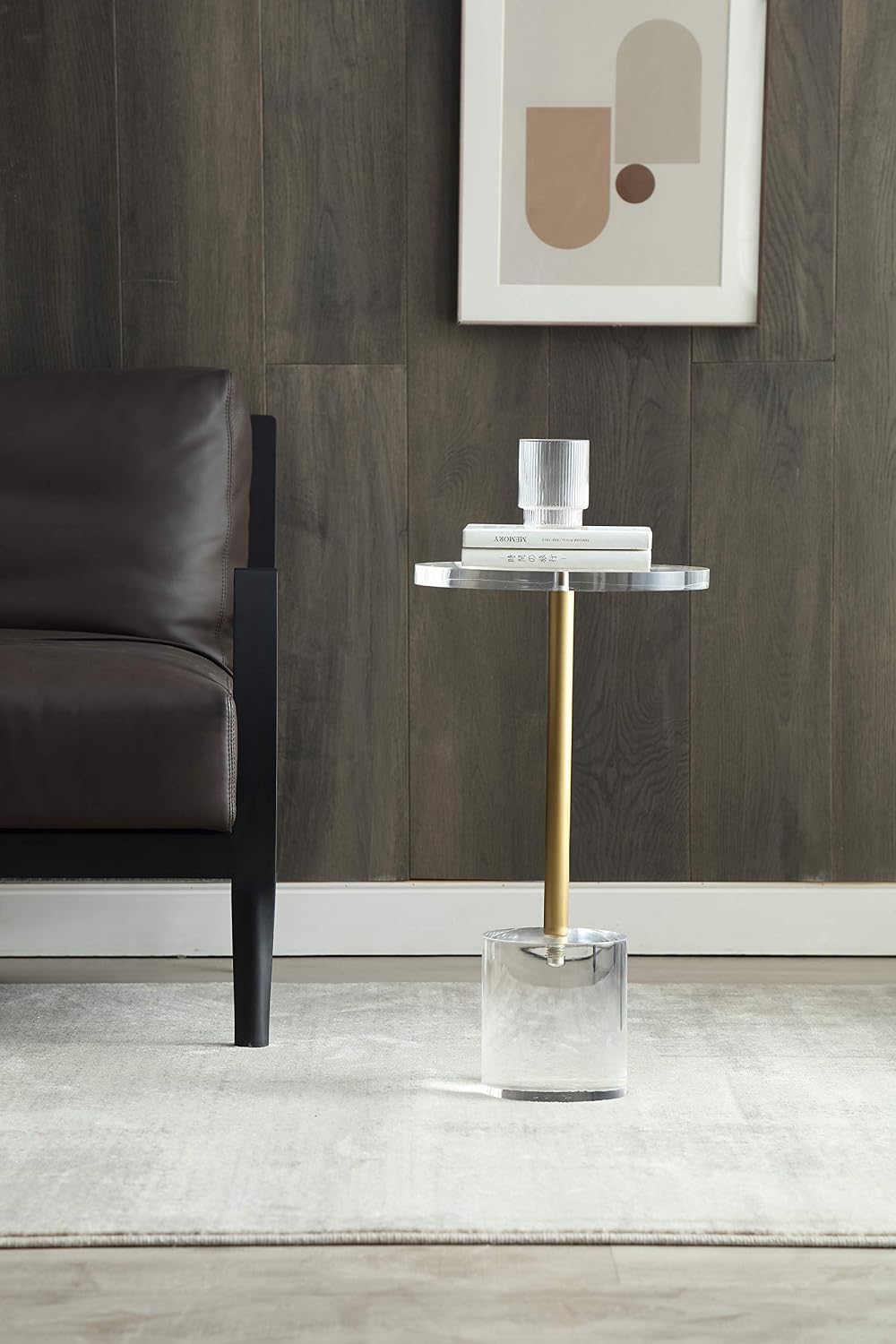 Artmaze Clear Acrylic End Table,Side Table,Brushed Brass Metal,Round,for Office, Living Room and Bedroom,Easy Assembly,12x12 inch，21.3 inch high
