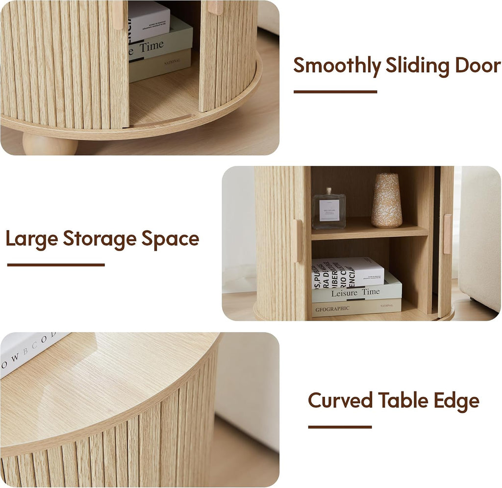 24' Fluted Round Nightstand Set of 2, Mid-Century Large Wooden End Table with Charging Station, Farmhouse Storage Side Table with Sliding Door for Bedroom Living Room (2XRound, Natural)