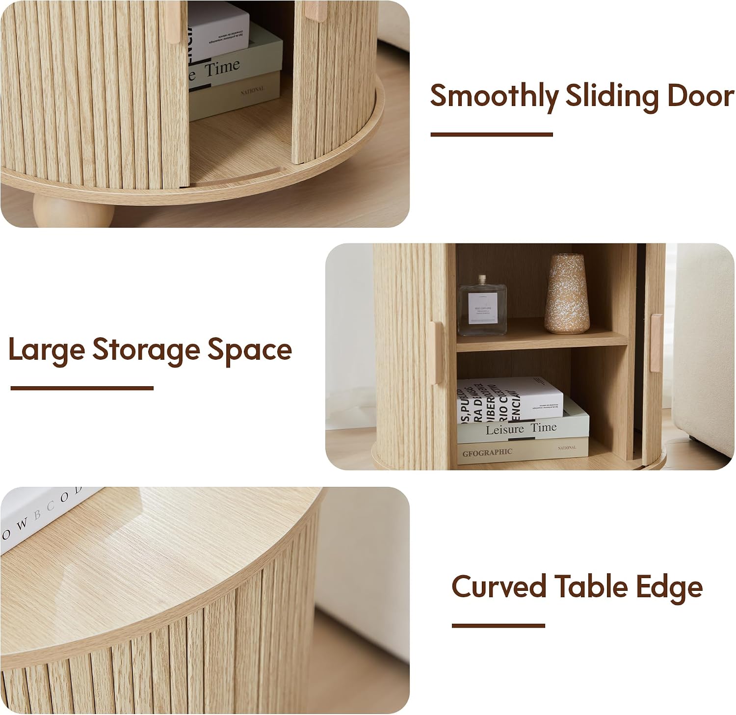 24' Fluted Round Nightstand Set of 2, Mid-Century Large Wooden End Table with Charging Station, Farmhouse Storage Side Table with Sliding Door for Bedroom Living Room (2XRound, Natural)
