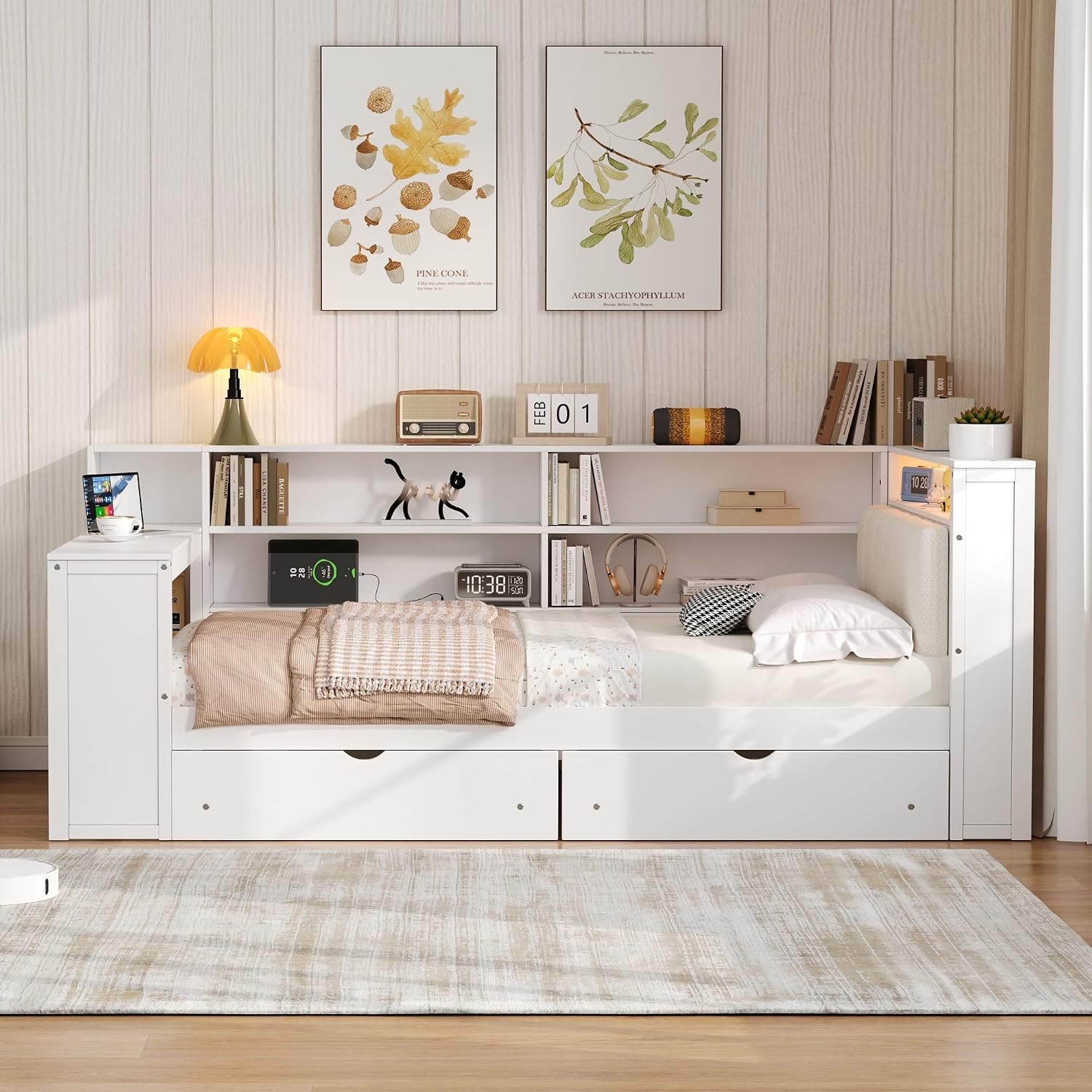 Bellemave Full Corner Bed with Storage Shelves and Desk, Upholstered Headboard Daybed with Bookcase and Drawers，Daybed with Storage, White+Beige Cushion