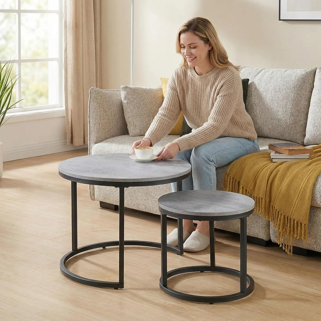 CENSI Round Nesting Coffee Table Set of 2, 24' Industrial Grey Faux Concrete Top, Modern Stacking Side End Tables with Black Metal Frame for Living Room, Small Spaces, Sturdy & Easy Assembly