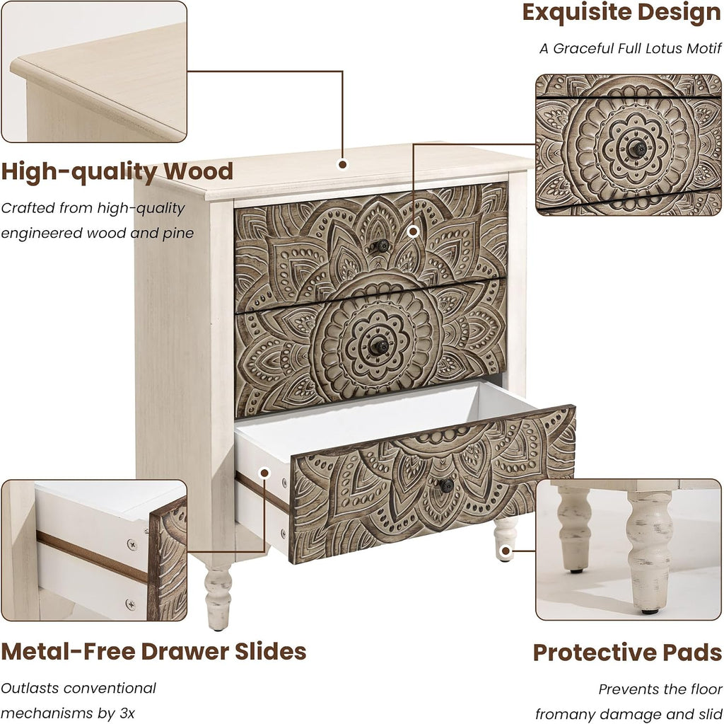 COSIEST 3 Drawers Nightstand Set of 2, Accent Dresser, 29'' Tall Wood Vintage Small Accent Chest, Bedside Table,Bedroom Furniture for Home, Entryway (Lotus Pattern)