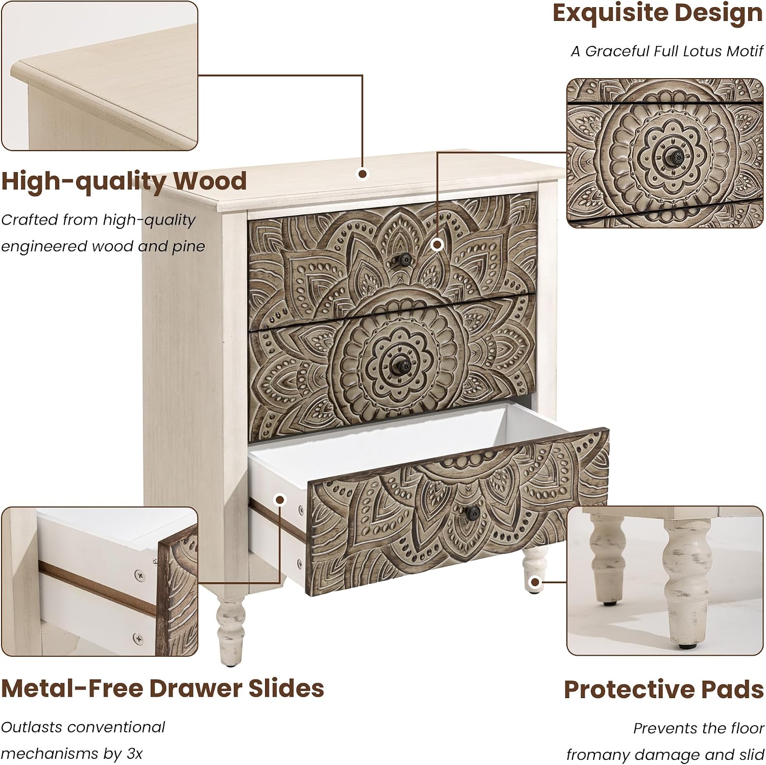 COSIEST 3 Drawers Nightstand Set of 2, Accent Dresser, 29'' Tall Wood Vintage Small Accent Chest, Bedside Table,Bedroom Furniture for Home, Entryway (Lotus Pattern)