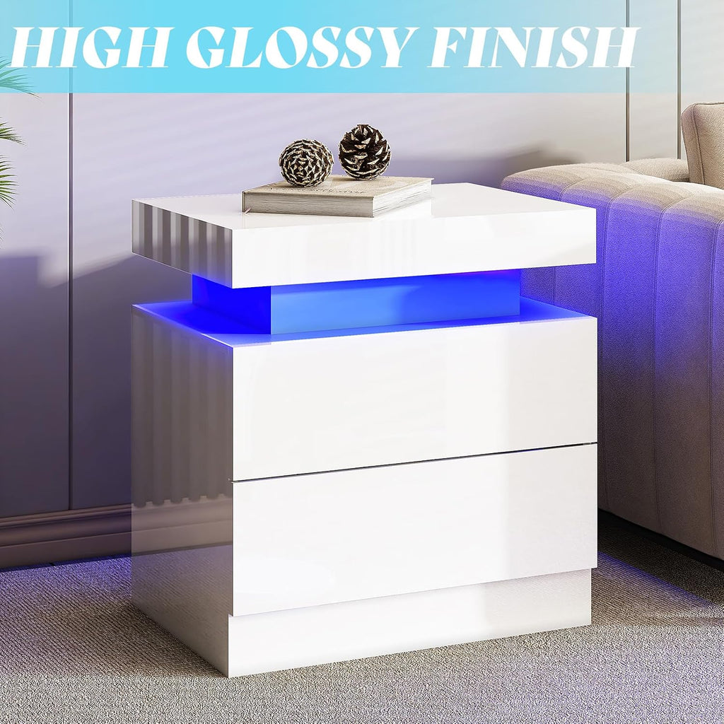 AMERLIFE High Gloss End Table Set of 2 with Charging Station, Modern Bedside Table Night Stand with Lights, LED Nightstand with Drawers for Bedroom Living Room, White