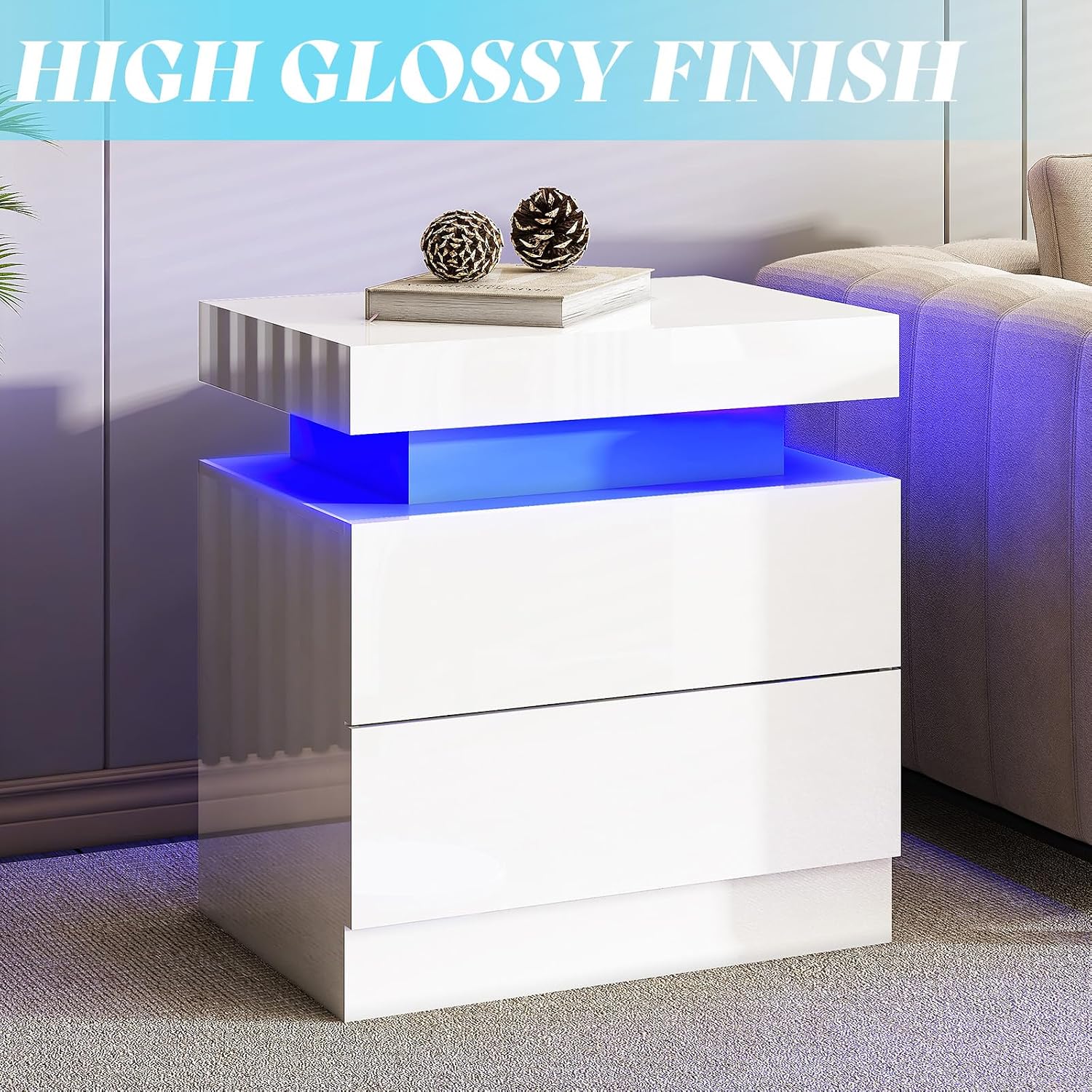 AMERLIFE High Gloss End Table Set of 2 with Charging Station, Modern Bedside Table Night Stand with Lights, LED Nightstand with Drawers for Bedroom Living Room, White