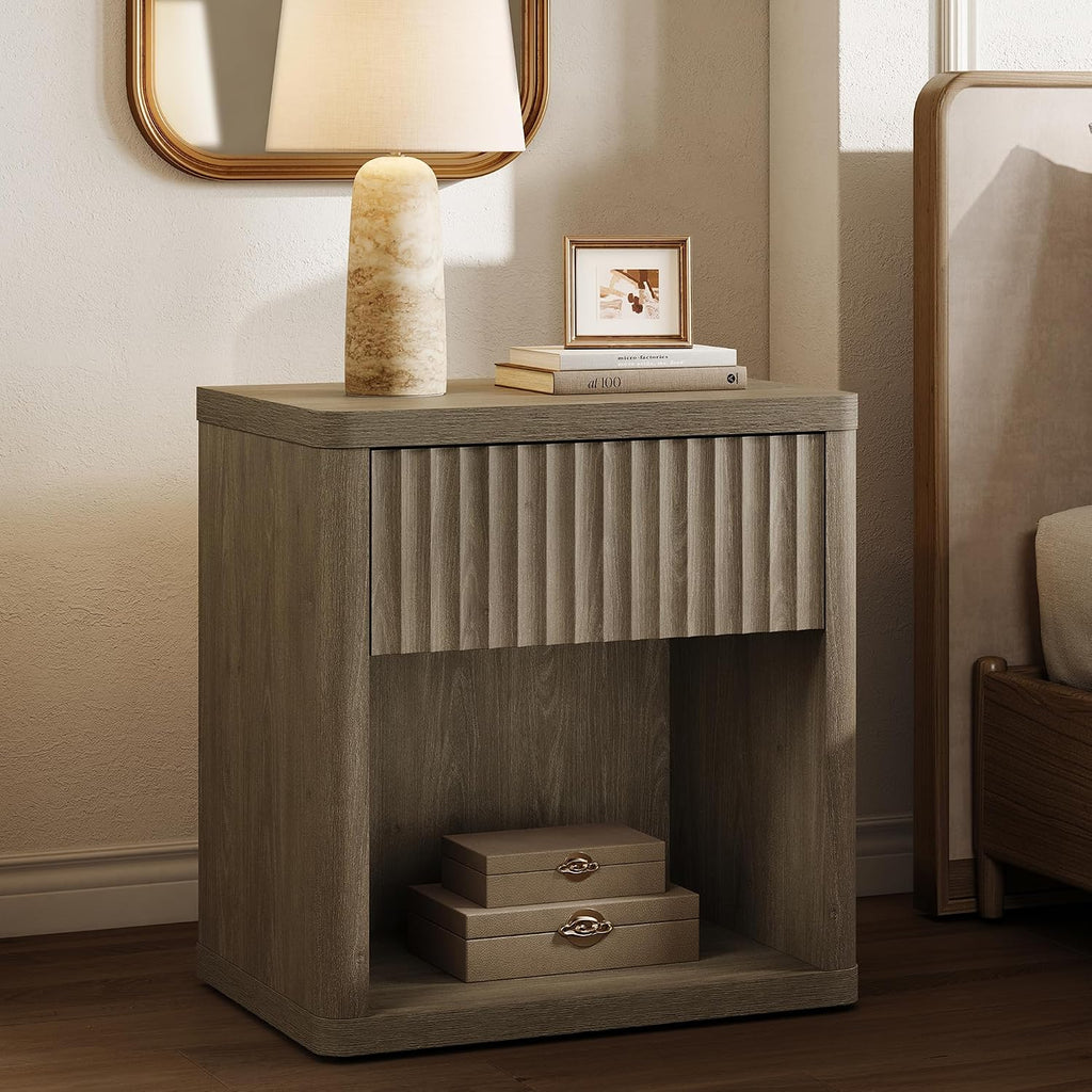 SICOTAS Night Stand Nightstand with Drawer Storage Fluted Bed Side Table End Table Large Modern Wide Bedside Stand Mid Century Night Stands for Bedroom Living Room Sofa Couch Home Office, Grey Alder