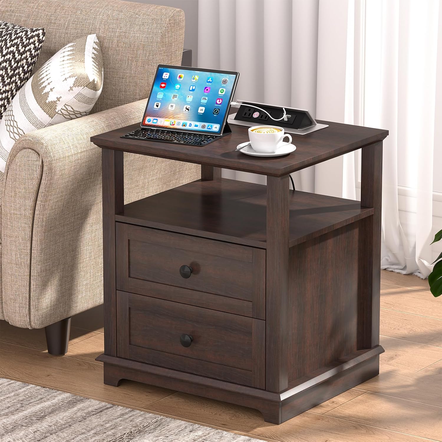 HIFYOBRO 24' Tall End Table with 2 Drawers and Charging Station, Type-C & USB Port & Power outlets, Wooden Storage Cabinet, 21' W Large Side Table with Storage for Living Room and Bedroom (Espresso)