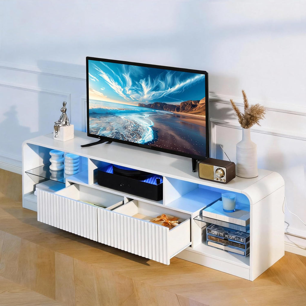 Wodeer Mid Century Modern TV Stand for 55 60 65 70 75 Inch TVs, Fluted TV Stands for Living Room with LED Lights, 63'' Entertainment Center with 2 Large Drawers & Glass Shelves, White
