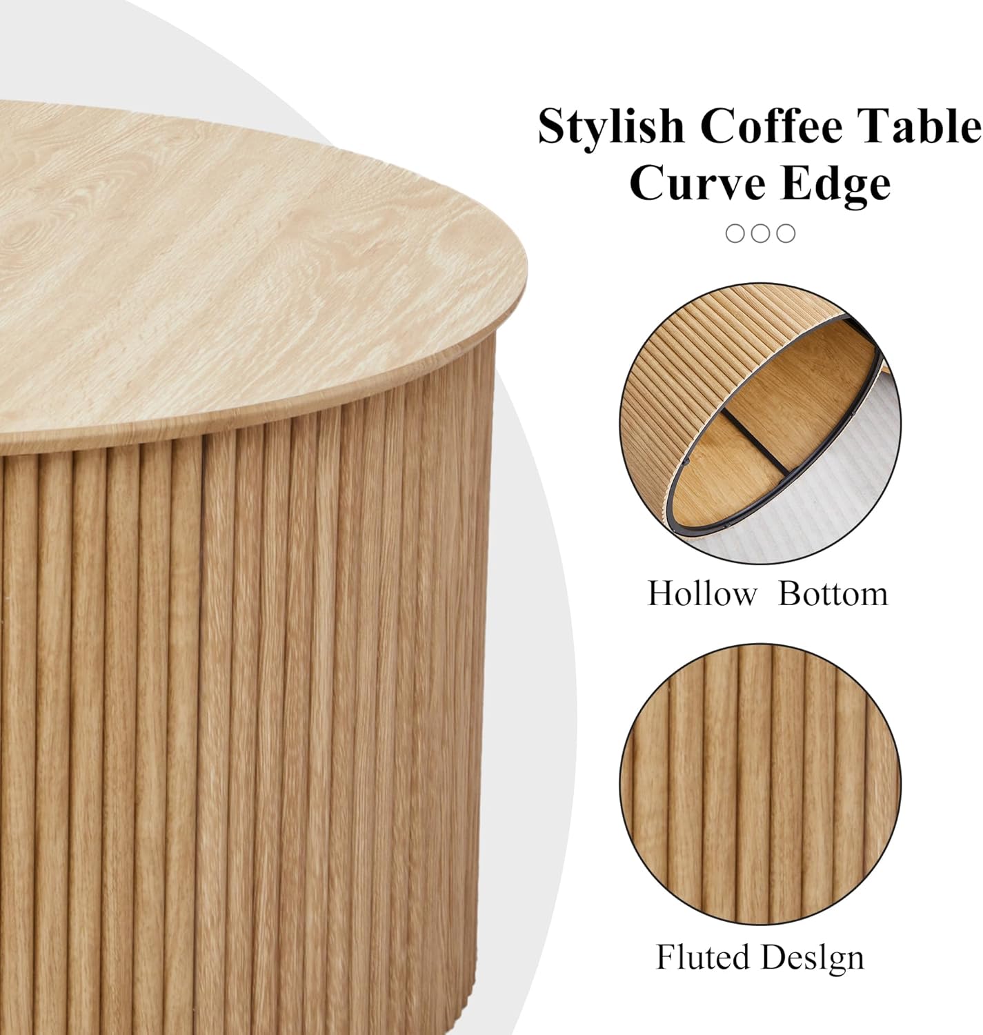 Fluted Round Nesting Coffee Table Set of 2, Mid Century Modern Wood Coffee Tables and End Table Set, Circle Side Table Minimalist Center Tables for Living Room, Office(Natural)