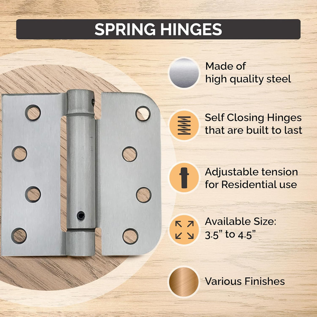 Spring Hinges 4 Inch with 5/8 Inch Square Corner, Self Closing Adjustable, Flat Black, 12 Pack