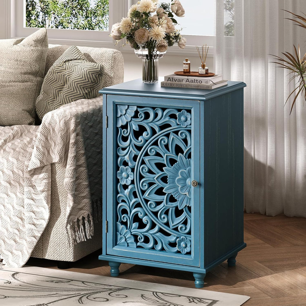 JOINICE Small Accent Cabinet with Carved Mandala Door, Blue Storage Cabinet with Solid Wood Legs & Adjustable Shelf, Boho Distressed End Table for Living Room, Bedroom, Entryway Side Table