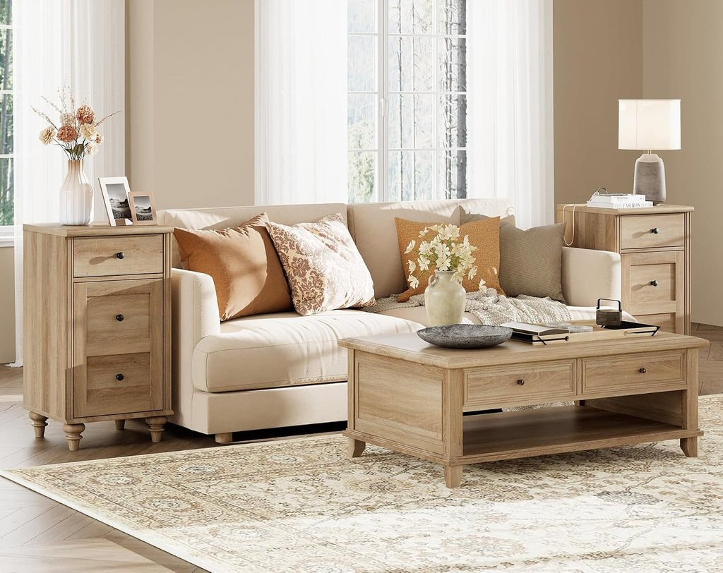 WAMPAT Set of 2 End Table with Charging Station & Power Outlets & USB Ports, Farmhouse Side End Table with Drawer and Storage Cabinet for Bedroom, Oak