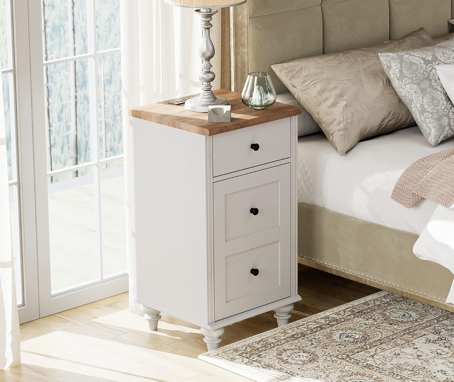 WAMPAT Nightstands with Charging Station, Set of 2 End Table with Power Outlets & USB Ports for Living Room, Modern Side Table with Wooden Drawer and Storage Cabinet for Bedroom, Off White