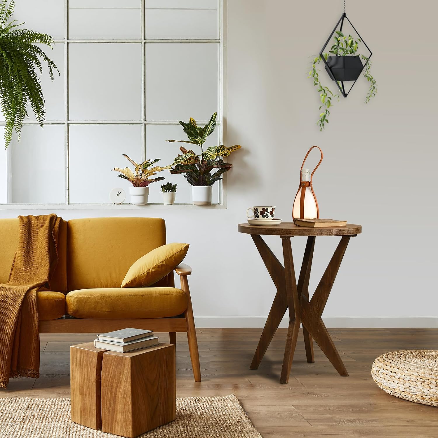 Ahokua Farmhouse Round End Table Set of 2 with MDF Top and Crossed Legs, Mid Century Modern Side Table Small Accent Table for Small Space Stable Nightstand for Living Room, Natural Wood