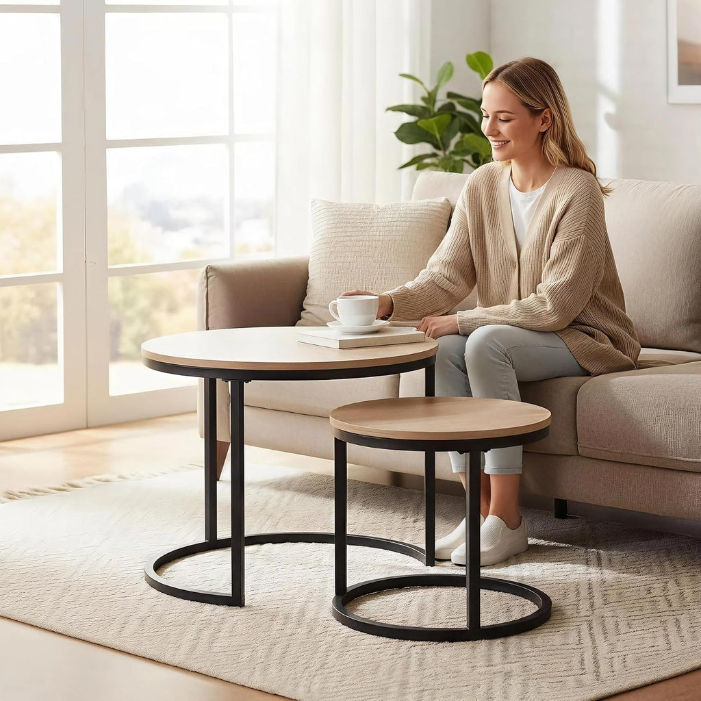 CENSI 24' Round Nesting Coffee Table, Accent Table, Natural Oak, Light Wooden Finish, Space-Saving, Modern Industrial Style