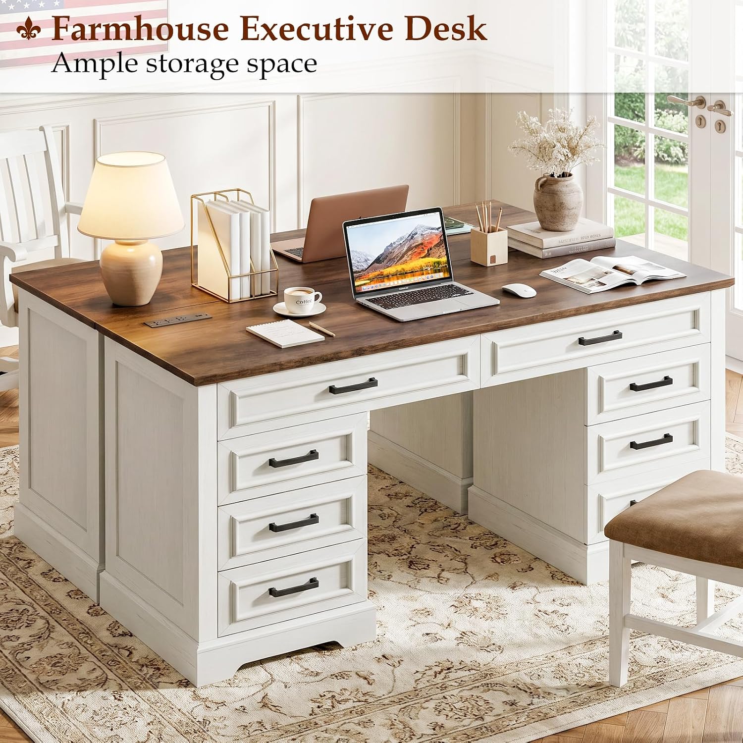 58' Executive Desk with 7 Drawers, Large Computer Desk with Charging Station , Wood Home Office Desk with File Drawer for Letter/A4 Size Hanging Files for Home Office, Rustic White and Rustic Brown