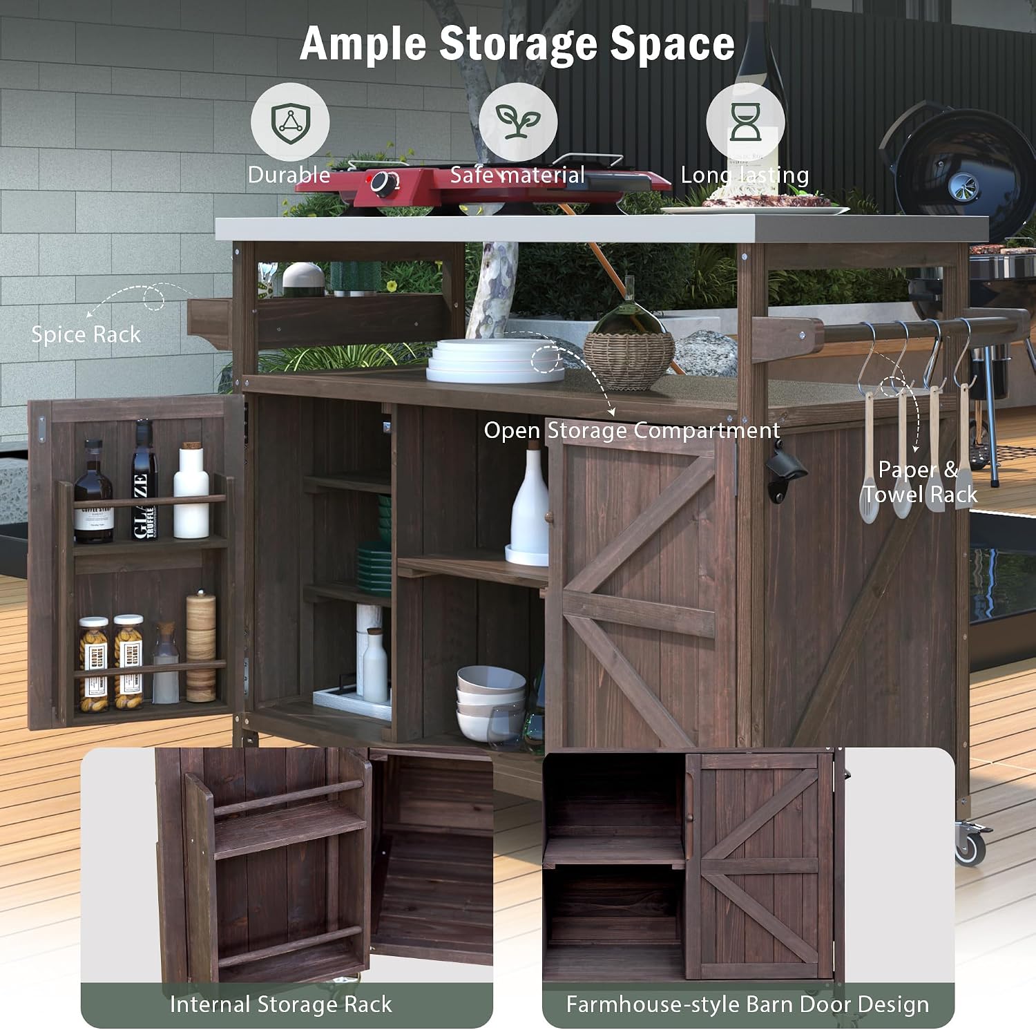 Outdoor Kitchen Rolling Bar Cart with Storage Cabinet, Farmhouse Solid Wood Outdoor Grill Table with Stainless Steel Top, Spice Rack and Towel Rack, Perfect for Barbecue Poolside Patio (Dark Brown)
