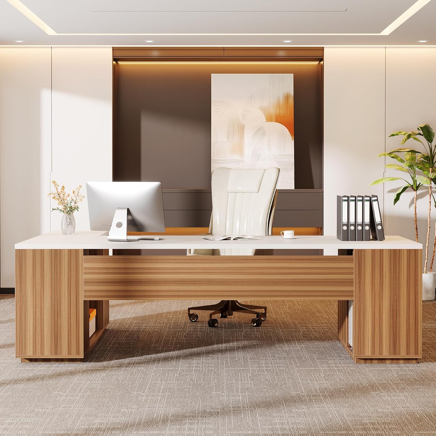 Tribesigns 85.8-Inch L-Shaped Executive Desk, Extra Large Modern Office Desk with File Drawers, Door Cabinet & Shelves, Commercial Office Table, Home Business Workstation, White & Brown