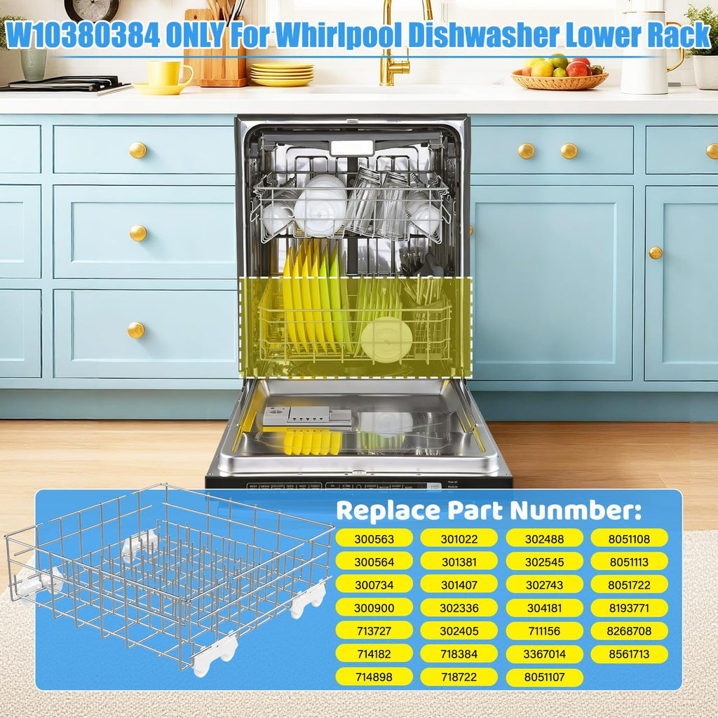 Upgrade W10311986/W10380384 Dishwasher Lower Dishrack Designed for Whirlpool Dishwasher Rack Parts WDT750SAHZ0 WDTA50SAHZ0 WDT970SAHZ0 WDT780SAEM with WP3376961 Wheels Dishwasher Bottom Rack