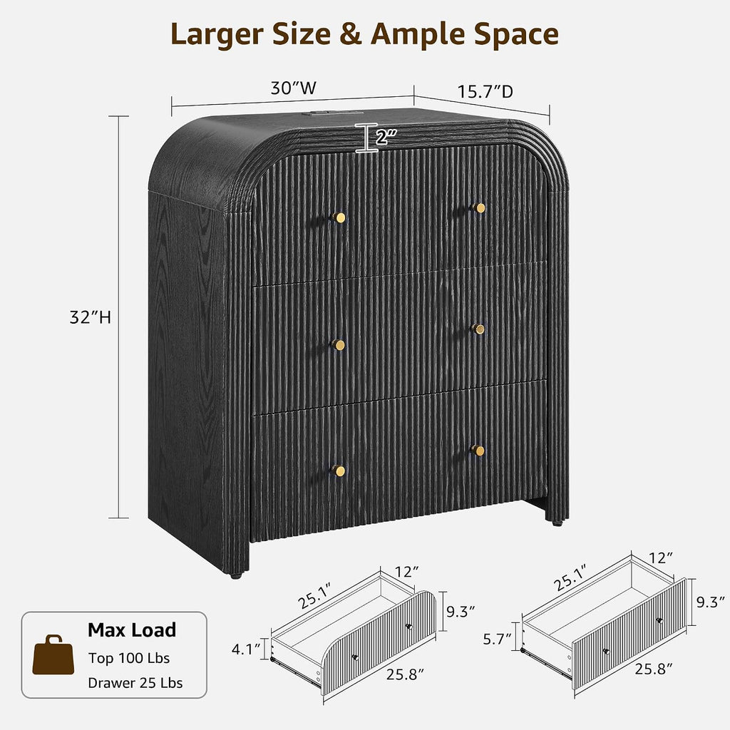 T4TREAM Fluted Nightstand with Charging Station, 32' Large 3 Drawers Bedside Table, Modern End Table with Storage Night Stand for Bedroom, Living Room, Round Curved Corner Design, Black Oak
