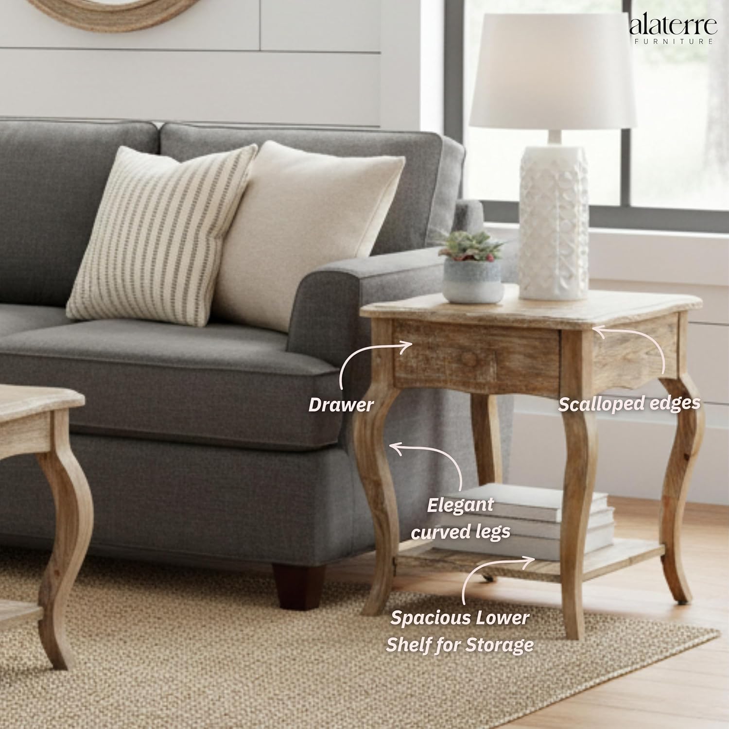 Austerity 20-Inch Rectangular Rustic Solid Wood End Table with Drawer and Shelf – Cedar Wood, Driftwood Finish, Queen Anne Legs, Scalloped Edges – Living Room Accent Table by Alaterre Furniture