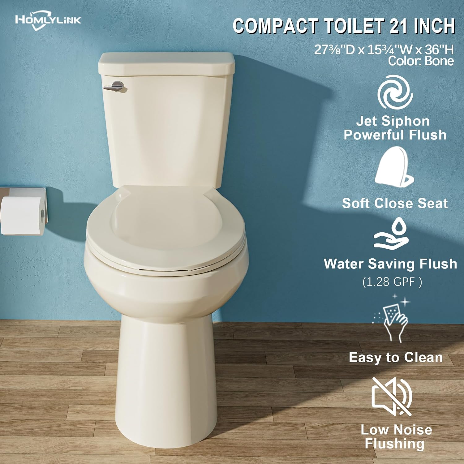 21 Inch Compact Extra Tall Toilet for Seniors 1.28 GPF Single Flush Bone | Round High Toilet for Small Bathroom Space, Comfort Bowl Height 20', 12' Rough In