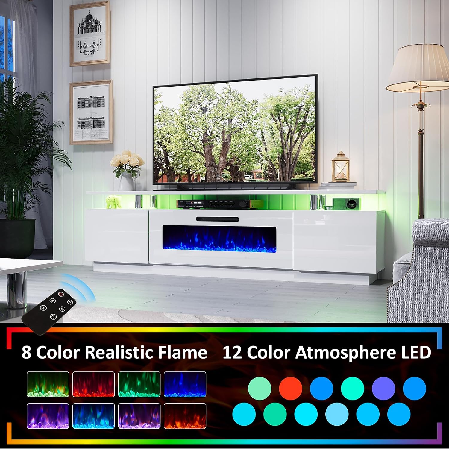 AMERLIFE 3 Piece Modern Living Room Table Set, Includes 80' High Gloss Fireplace TV Stand, 2-Tier Coffee Table, LED Lights Entertainment Center Set for Living Room, White