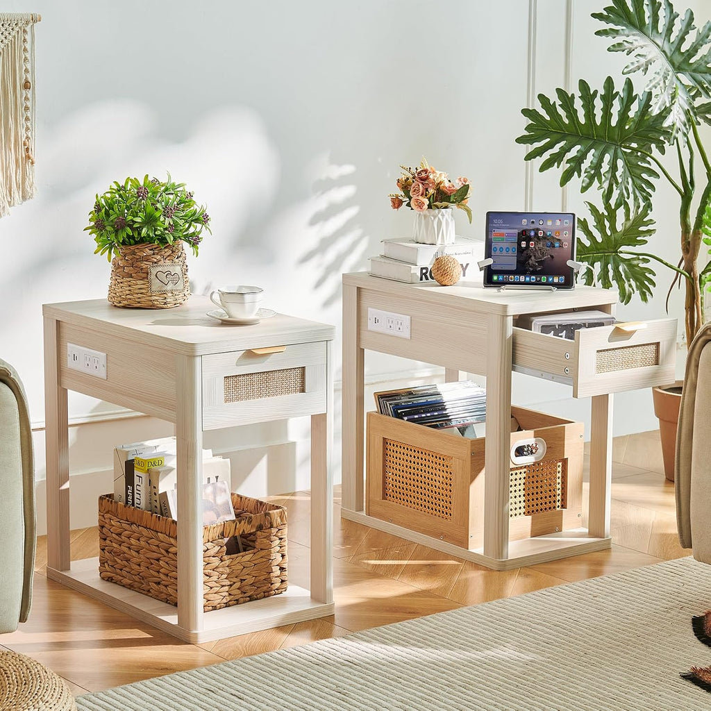 LEYAOYAO Narrow Side Table Set of 2, 24'' Night Stand with Charging Station, Rattan Nightstand with Drawer Storage, Bedside End Table with Small Spaces, Wood Boho Nightstand for Living Room Bedroom