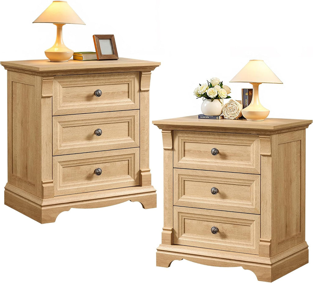 T4TREAM Farmhouse Nightstand Set of 2, 23.6' End Table with 3 Drawers Storage, Wood Side Table w/Roman Column, End Tables Living Room Set of 2, Bedside Cabinet for Bedroom, Oak