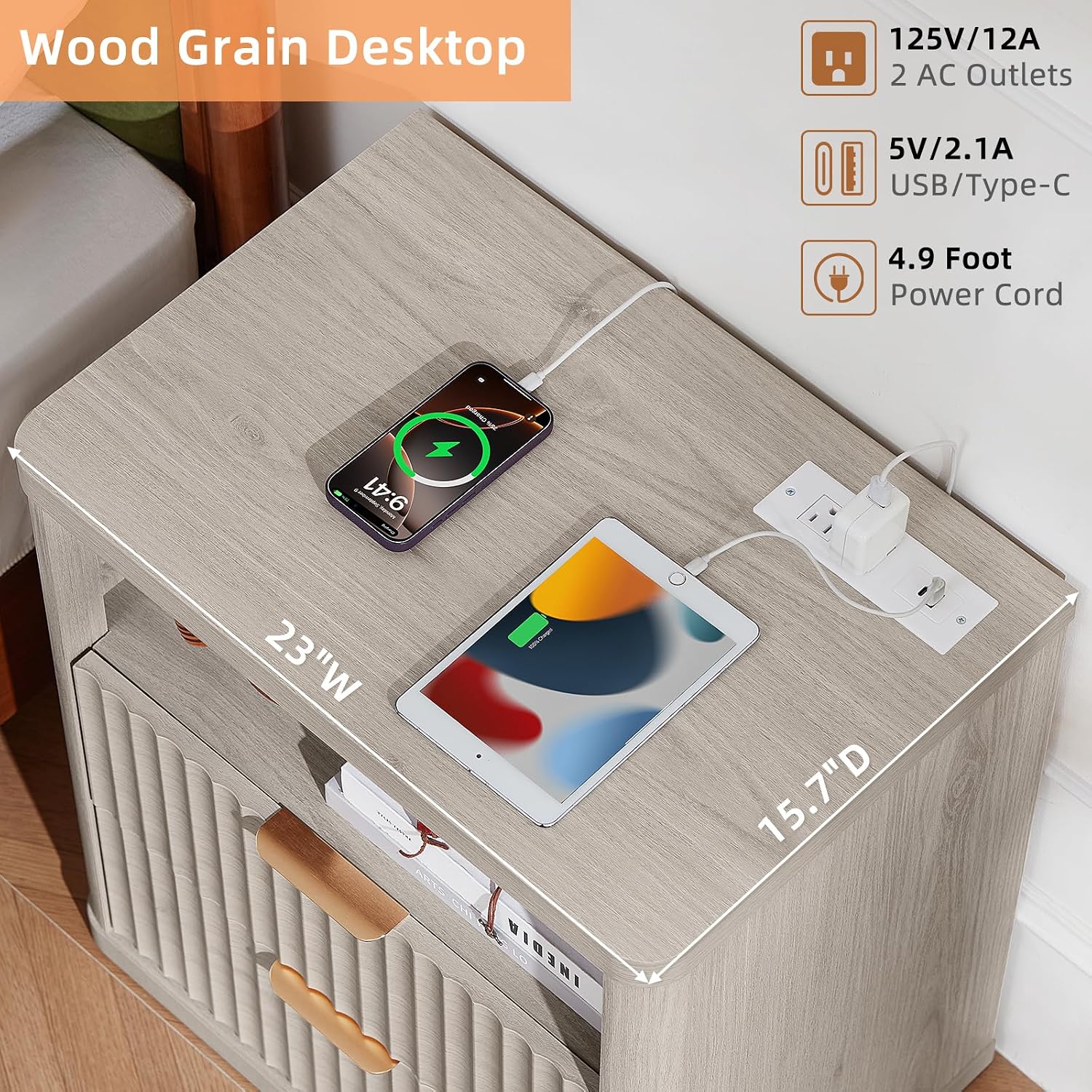 LEYAOYAO Fluted Farmhouse Nightstand Set of 2 with Charging Station, 23' Wide 2 Drawers Night Stand,LightGrey Dresser for Bedroom,Bed Side Table Chest of Drawers,Wood End Table for Living Room