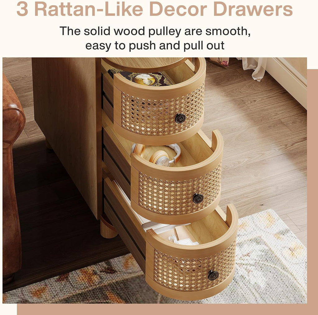 Tribesigns 3-Drawer Rattan End Table, Sofa Side Table with Vintage Embossed Handles, Slim Nightstand for Living Room, Bedroom, FiniMDF, No Assembly (1, Oak)