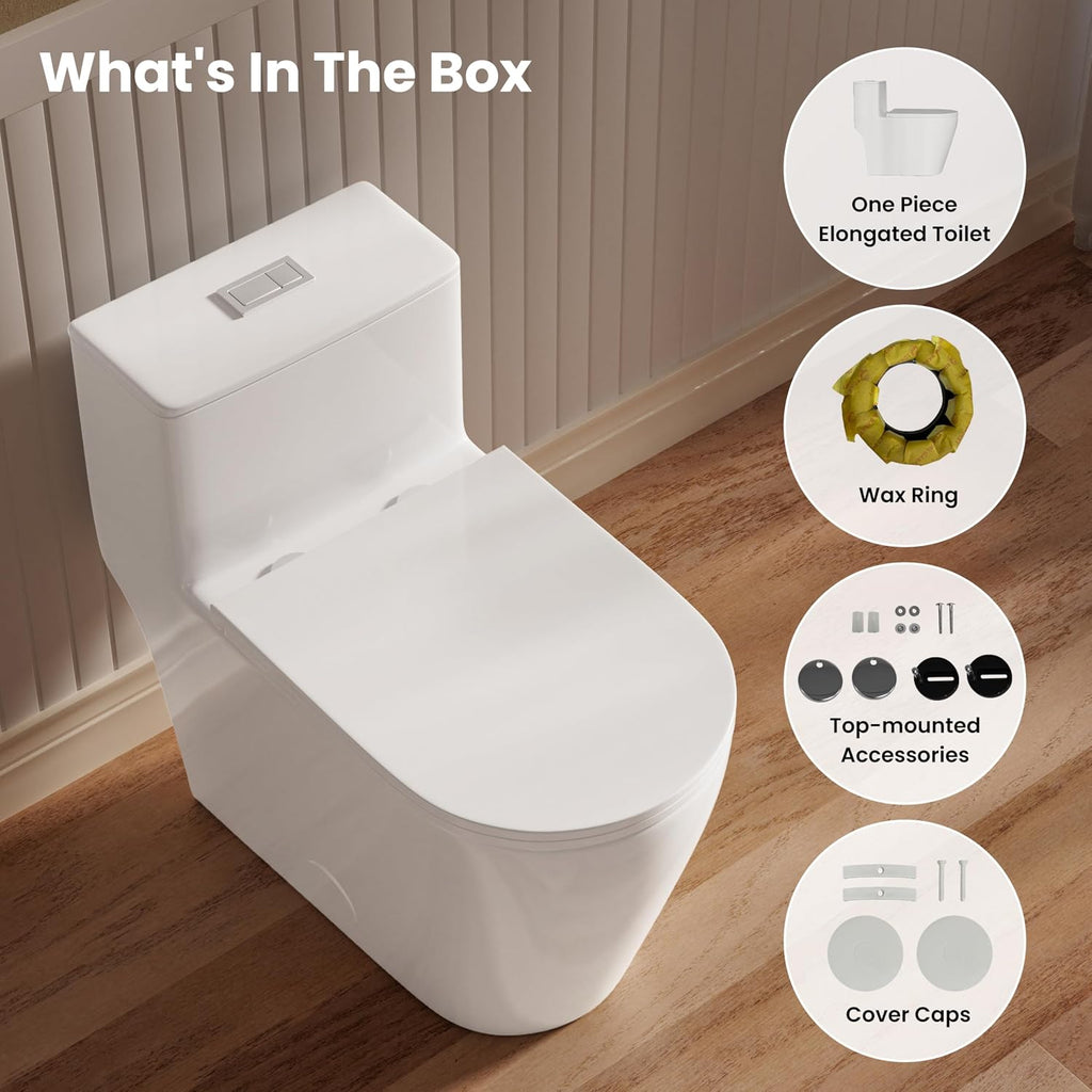 Casta Diva Elongated One Piece Toilet with 17' ADA Comfort Chair Height Seat Compact Toilet for Bathroom Dual Flush 1.1/1.6GPF, 12'' Rough-in, High Efficiency Flush, Standard White Bowl