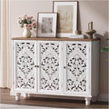 JOINICE 43' Accent Cabinet with 3 Carved Doors, White Farmhouse Buffet Cabinet with Storage & Solid Wood Legs, Boho Sideboard Console Table for Living Room, Entryway, Dining Room, Coffee Bar