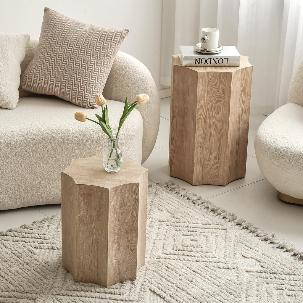 Nesting Tables Set of 2,Wood Nesting Coffee Table,Octagonal Side Tables for Living Room,Modern Plant Stand for Balcony,Nightstand for Bedroom,Fully Assembly,Natural Finish.
