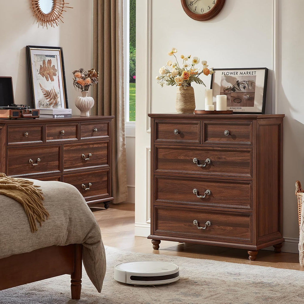 Joaxswe Farmhouse 5 Drawer Dresser Set of 2 for Bedroom, 35' Tall Rustic Chests of Drawers w/ 4 Solid Wood Feet, Mid Century Vintage Wooden Closet Storage Dressers Organizer for Living Room,Brown