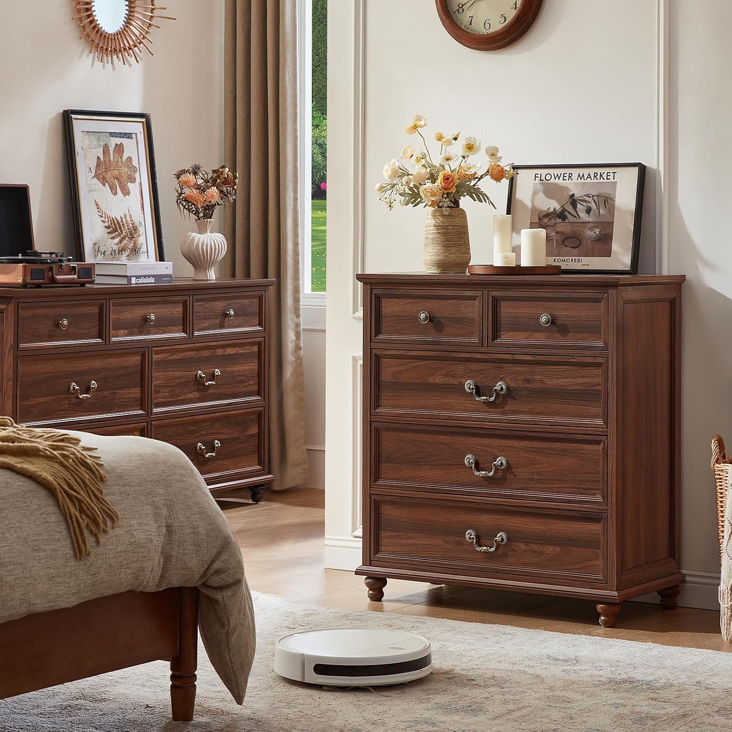 Joaxswe Farmhouse 5 Drawer Dresser Set of 2 for Bedroom, 35' Tall Rustic Chests of Drawers w/ 4 Solid Wood Feet, Mid Century Vintage Wooden Closet Storage Dressers Organizer for Living Room,Brown