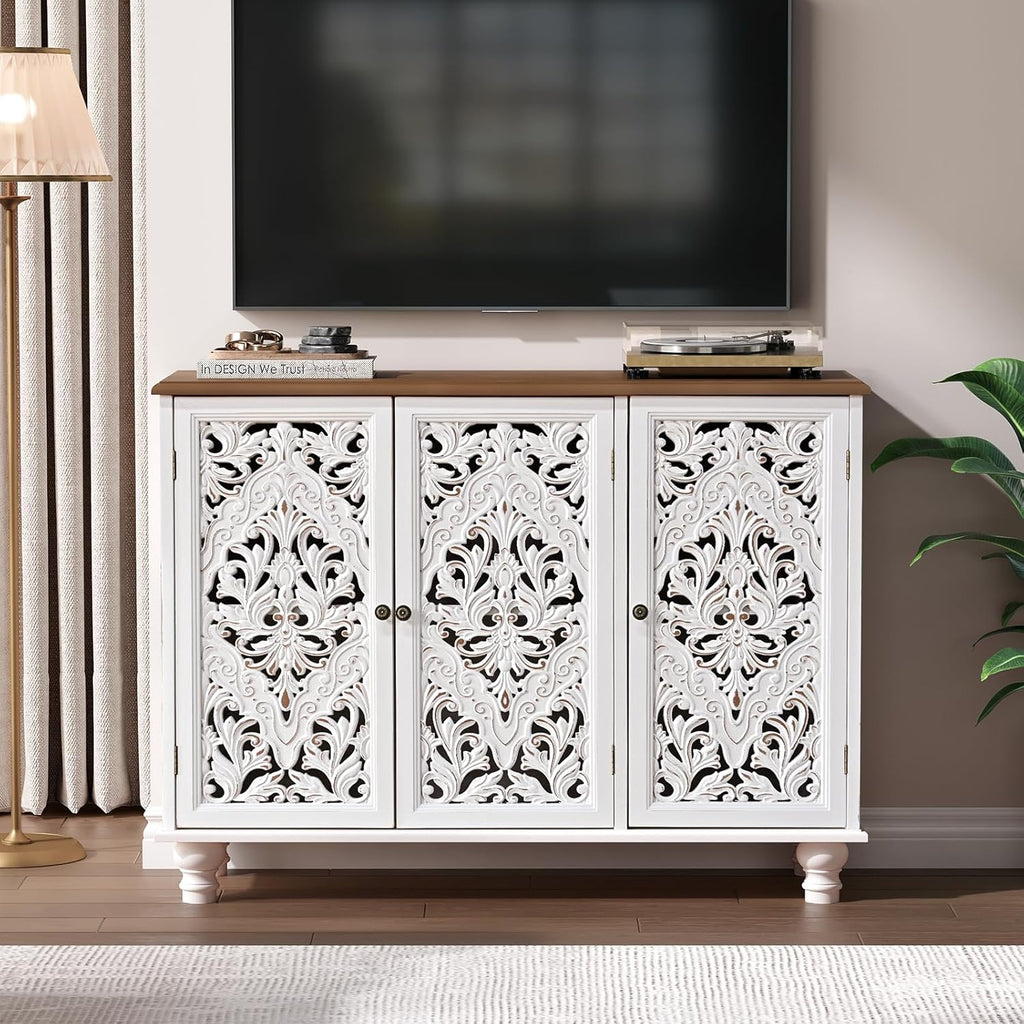 JOINICE 43' Accent Cabinet with 3 Carved Doors, White Farmhouse Buffet Cabinet with Storage & Solid Wood Legs, Boho Sideboard Console Table for Living Room, Entryway, Dining Room, Coffee Bar