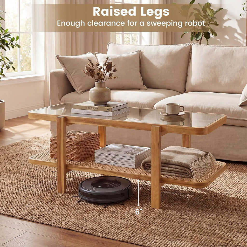 GOFLAME Rattan Coffee Table, 47.5' Solid Wood Center Table with Tempered Glass Top & Rattan Storage Shelf, Rectangular, Farmhouse, Boho, 2-Tier Mid Century Modern Tea Table for Living Room (Oak)