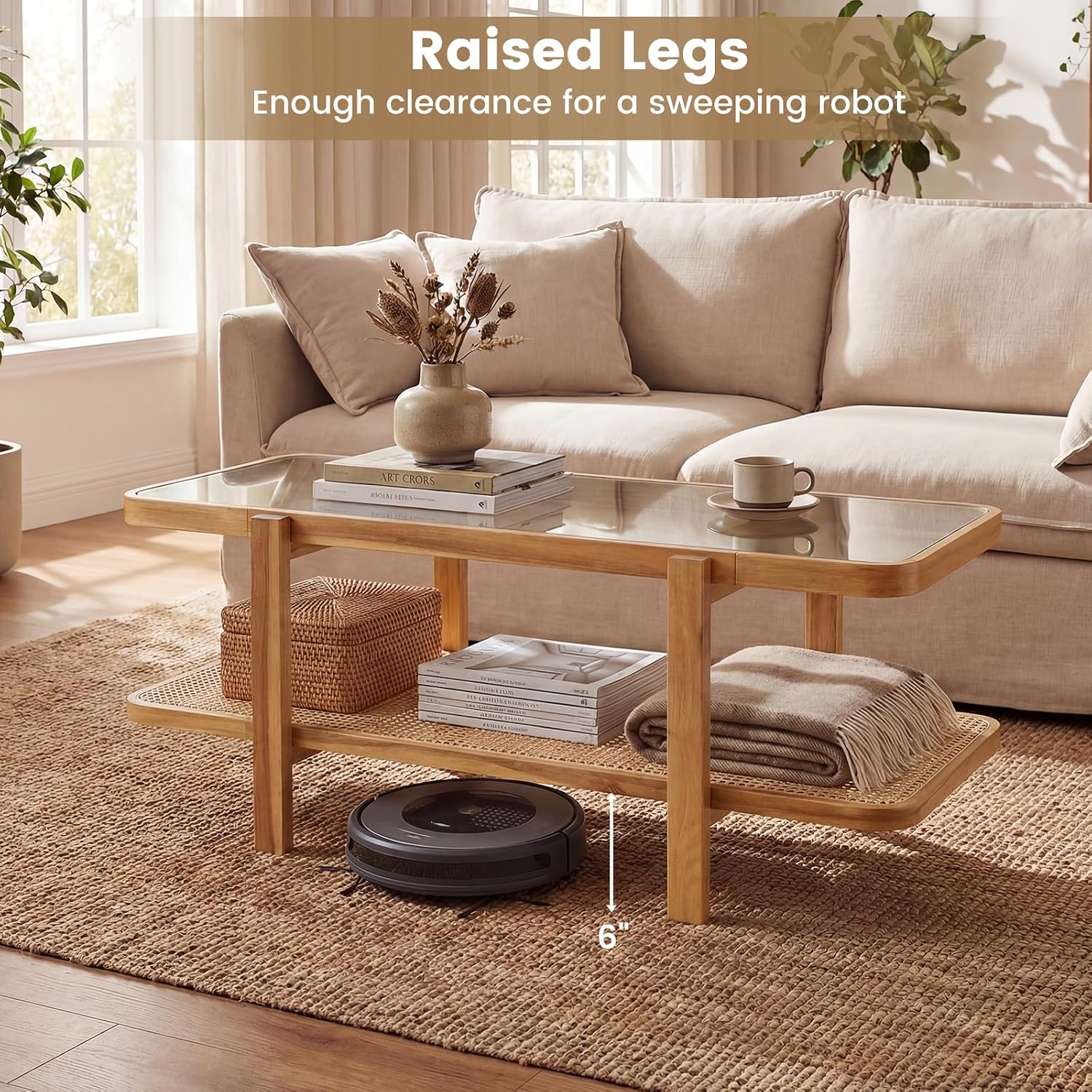 GOFLAME Rattan Coffee Table, 47.5' Solid Wood Center Table with Tempered Glass Top & Rattan Storage Shelf, Rectangular, Farmhouse, Boho, 2-Tier Mid Century Modern Tea Table for Living Room (Oak)