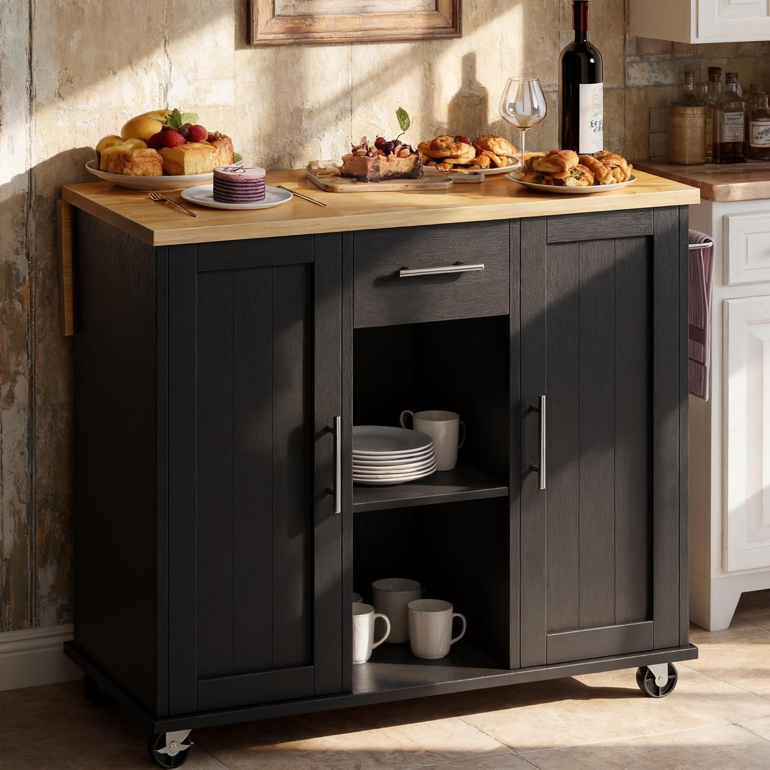 SUNLEI Rolling Kitchen Island Cart with Wheels, Island Table for Kitchen, Farmhouse Kitchen Cart with Drop Leaf & Towel Rack & Drawer, Kitchen Island with Storage Cabinet, Black
