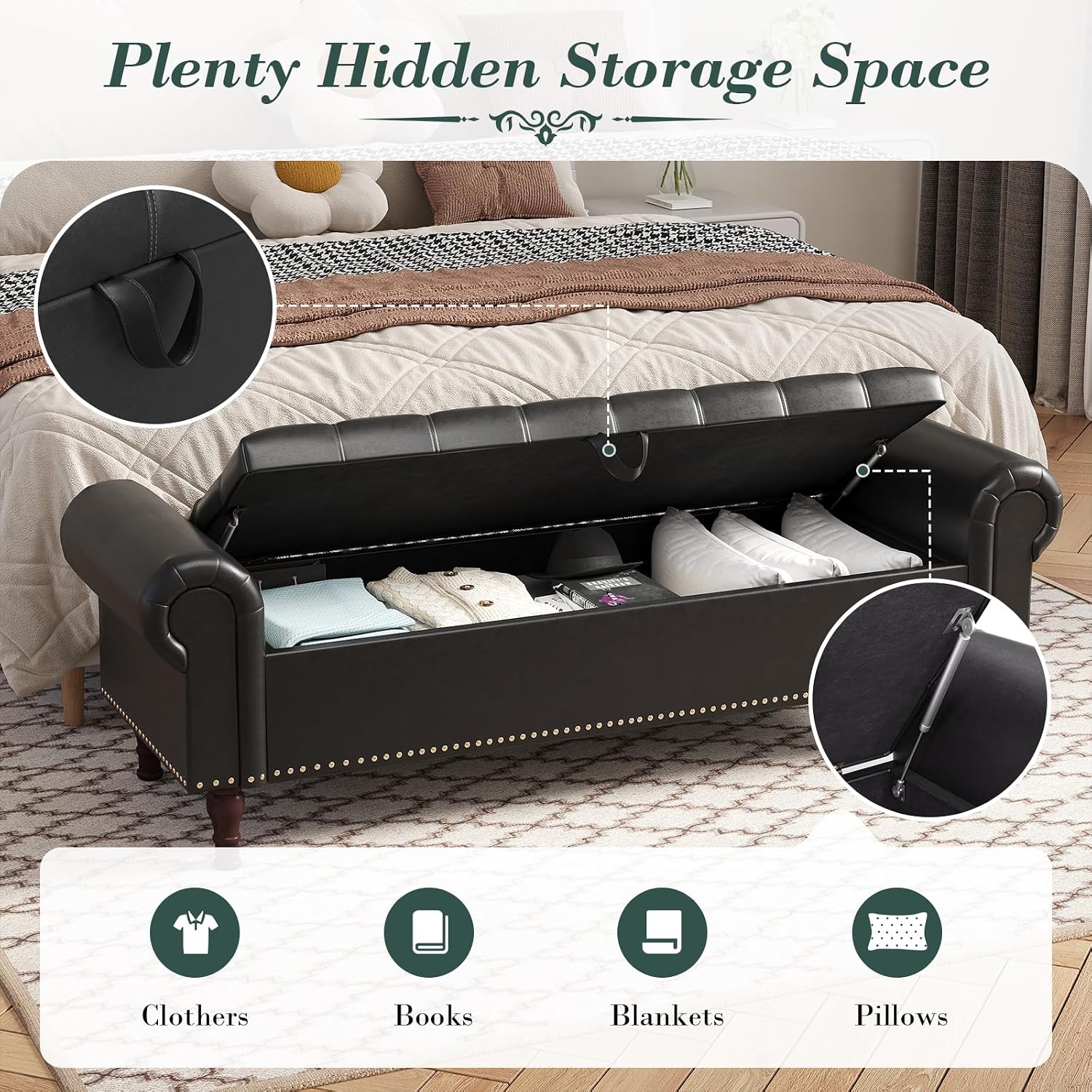 Apicizon 60' Bench with Storage, Queen Size Faux Leather End of Bed Bench with Tufted Button, Ottoman Bench with Rolled Arms & Vintage Rivets for Foot of Bed, Living Room, Entrance, Black