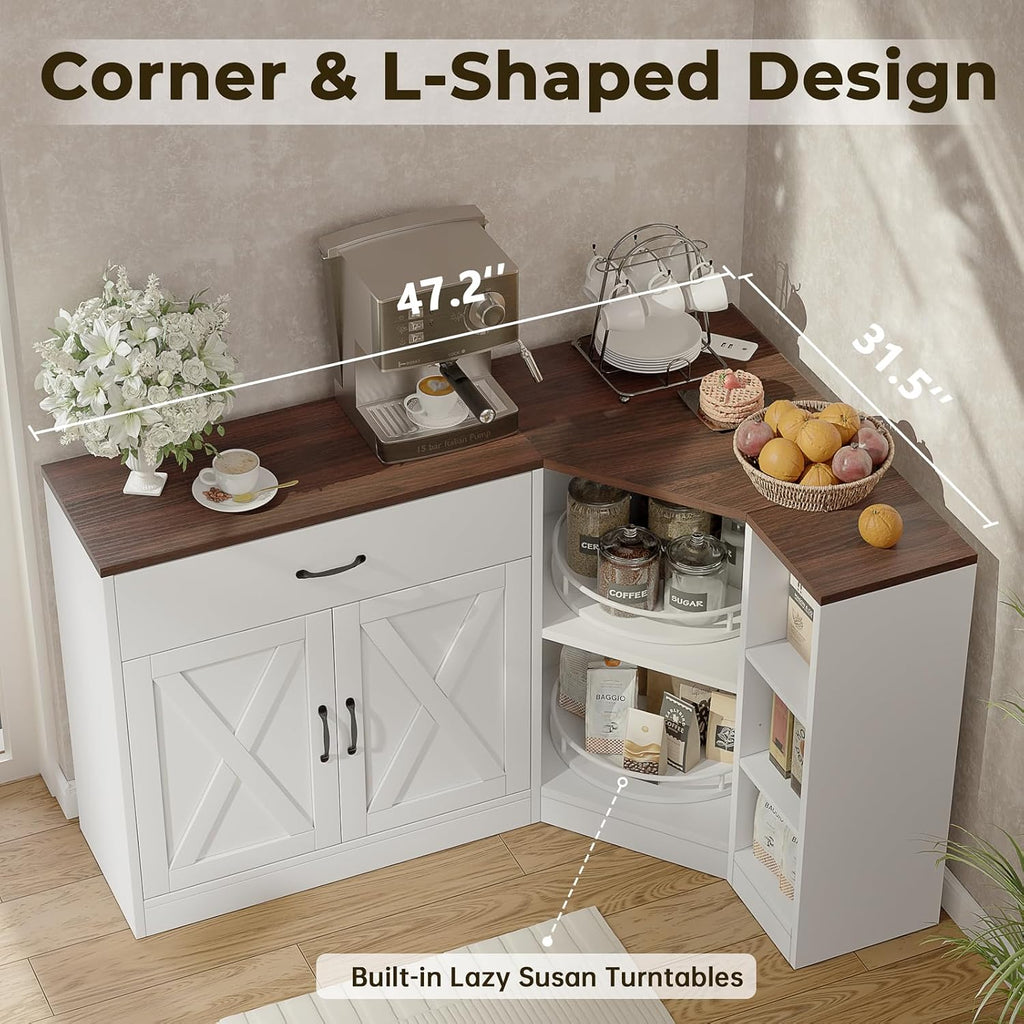 Loomie Corner Cabinet w/Charging Station, Kitchen Pantry Cabinet w/2 Tier Lazy Susan Turntable, Farmhouse Food Pantry w/Drawer & Doors & Adjustable Shelf, L-Shaped Sideboard for Dining Room (White)